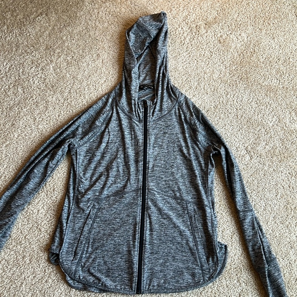 New Athleta lightweight gray black long sleeve zip up jacket pockets large hood